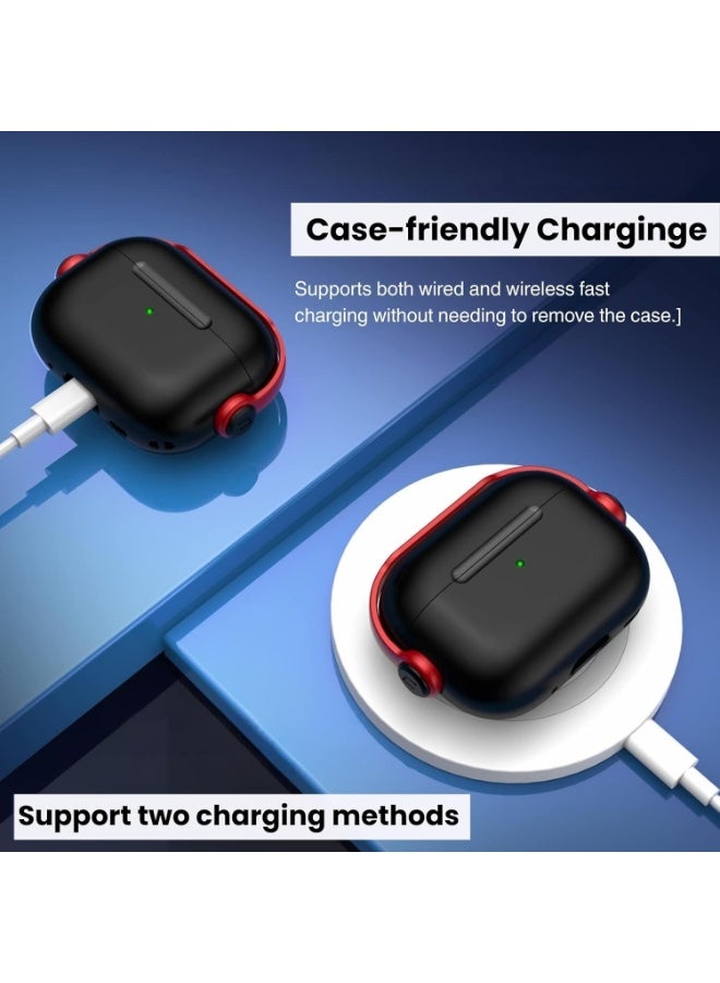 جراب AirPods Pro 3، غطاء قفل أمان لسماعات Apple AirPods Pro 3 2025 مع حامل للهاتف وسلسلة مفاتيح، جراب واقٍ مقاوم للصدمات والخدوش للرجال والنساء - (أسود/أحمر) - Image 5